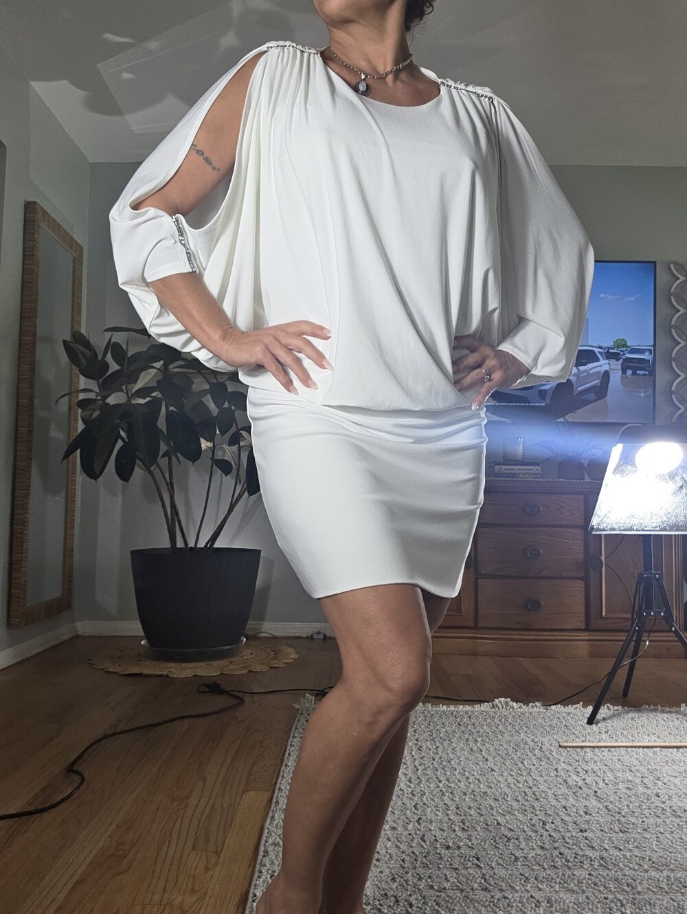 Vintage Caché Rhinestone Cold-Shoulder Mini Dress — Size Medium Y2K Grecian
